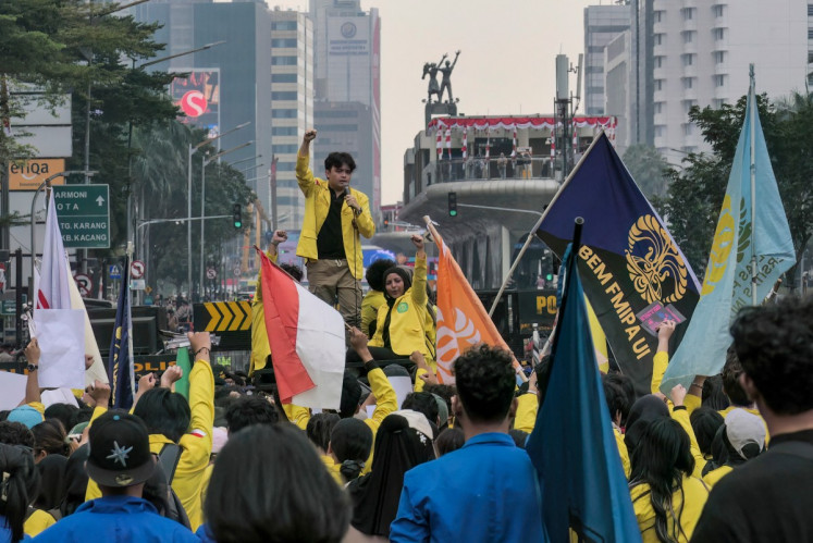 Students stage a protest in the city center on Aug. 18, a day after the 81st Independence Day in Jakarta, demanding the government eradicate corruption, collusion and nepotism, end wasteful programs, and lower the prices of basic necessities and fuel.