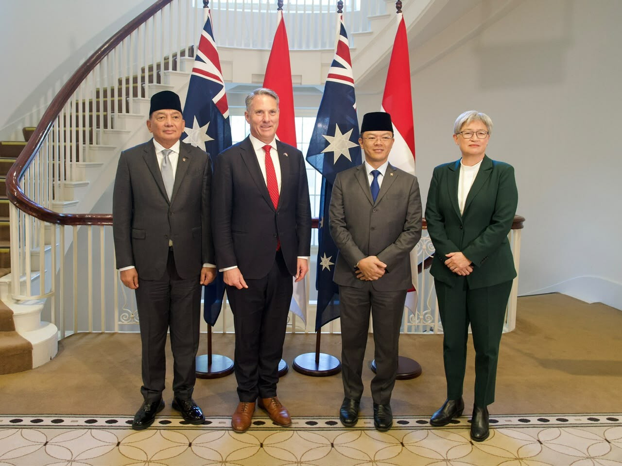 Defense Minister Sjafrie Sjamsoeddin (left) and Foreign Minister Sugiono (second right) pose with Deputy Prime Minister and Minister for Defence Minister Richard Marles (second left) and Foreign Minister Penny Wong on Aug. 26, 2026, during the 10th Australia-Indonesia Foreign and Defence Ministers&rsquo; Meeting in Melbourne.