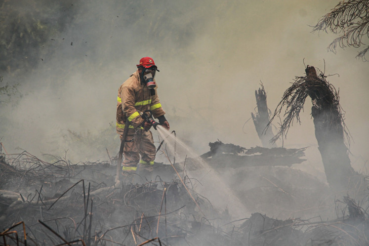 A firefighter sprays water to extinguish wildfire on Aug. 26 in Palangka Raya, Central Kalimantan. Around 7,600 hectares of land have been burned across the province between January and late July, according to data from the Forestry Ministry.