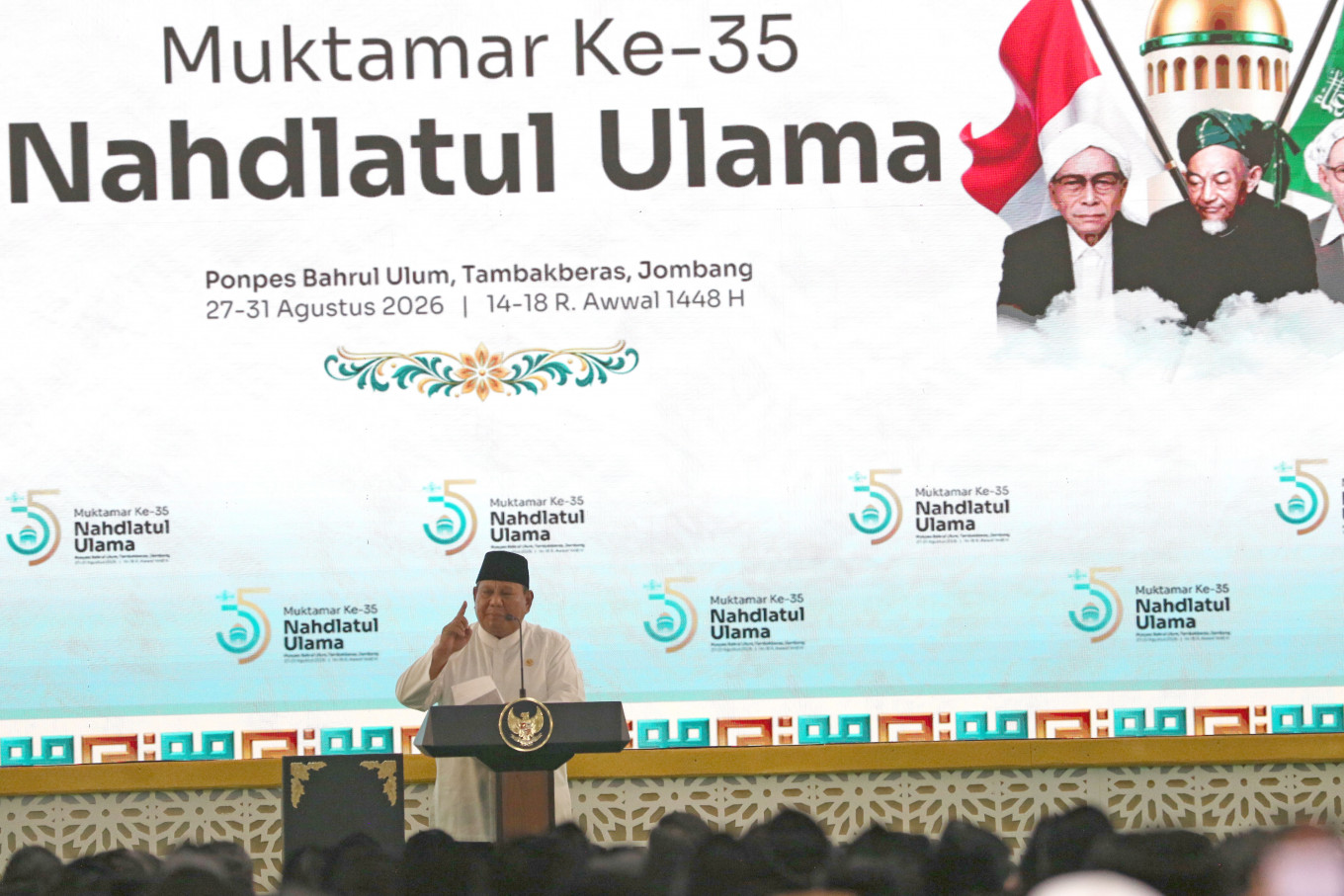 President Prabowo Subianto delivers a speech on Aug. 27 during the opening ceremony of Nahdlatul Ulama&rsquo;s 35th congress in Jombang, East Java.
