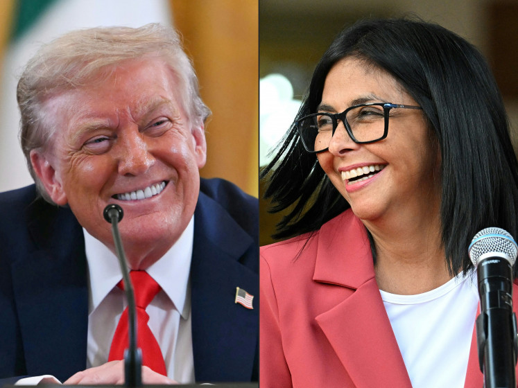 This combination of pictures created on March 05, 2026, shows US President Donald Trump smiling during a meeting with Ukrainian President Volodymyr Zelensky and European leaders in the East Room of the White House in Washington, DC, on Aug. 18, 2025, and Venezuela's interim president, Delcy Rodriguez smiling alongside US Interior Secretary Doug Burgum (out of frame), after their meeting at the Miraflores Presidential Palace in Caracas on March 4, 2026.