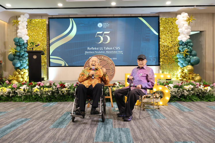 Harry Tjan Silalahi, chair of the Board of Trustees of the Centre for Strategic and International Studies (CSIS) (left) and Jusuf Wanandi, vice chair of the Board of Trustees, deliver remarks on Tuesday, Sept.1, 2026, during a ceremony marking the 55th anniversary of CSIS Indonesia at the CSIS office in Central Jakarta.