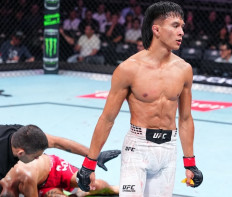 Knockout debut: Indonesian flyweight Bilal &ldquo;The IndoNinja&rdquo; Hasan walks away as the referee begins the count on Aug. 29 2026, during his UFC Fight Night bout against Peru's Nilson Rojas at the Oriental Sports Center in Shanghai, China.