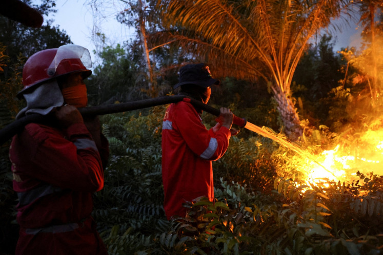 Fire fighters with the Forest and Land Fire Control Brigade spray water to extinguish a fire on Aug. 12 in an area close to an oil palm plantation affected by wildfire in Pulang Pisau regency in Central Kalimantan.