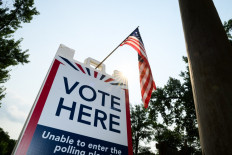 Signage directs voters at a polling place in the Tamarack Nature Center on Aug. 11, 2026 in White Bear Township, Minnesota, the United States, with Minnesota Lt. Gov. Peggy Flanagan and Rep. Angie Craig (D-MN) are vying for Minnesota's Democratic nomination for US Senate in the primary election. 
