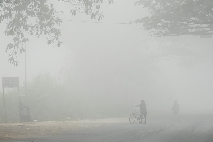 A person walks with a bicycle along a road shrouded in haze from wildfires in Banyuasin, South Sumatra, September 6, 2026. 