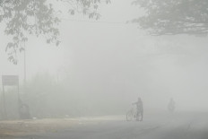 A person walks with a bicycle along a road shrouded in haze from wildfires in Banyuasin, South Sumatra, September 6, 2026. 