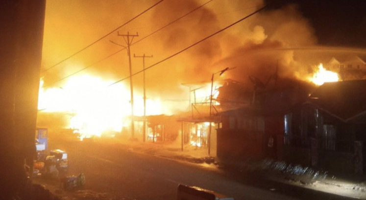 Fire breaks out in the town of Paniai in Central Papua province shortly after midnight on Monday, Sept. 7, 2026.