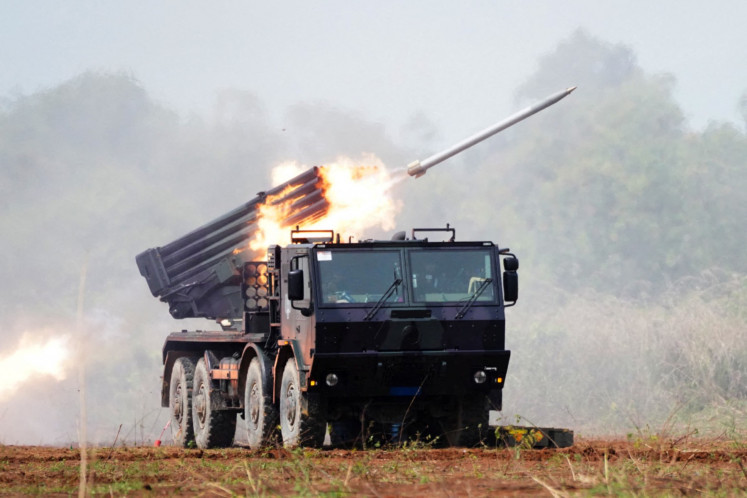 An RM-70 Vampire multiple launch rocket system (MLRS) of the Indonesian Marine Corps fires on Sept. 3, 2025, during the joint multinational exercise Garuda Shield 2025 at the Baturaja combat training center in Lampung.