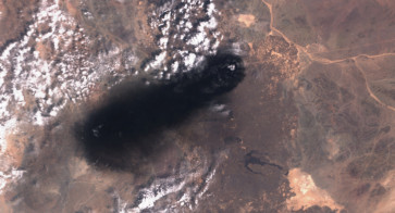 A satellite image shows black smoke rising from an area of Saudi Arabia&rsquo;s East-West oil pipeline south of Medina, Hejaz Region, Saudi Arabia on Sept. 10, 2026.