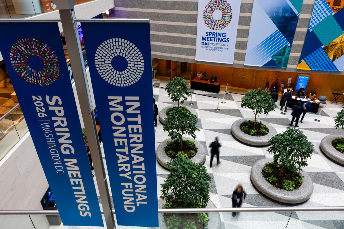 Banners decorate the International Monetary Fund (IMF) headquarters in Washington on April 13, the first day of the 2026 Spring Meetings of the IMF and the World Bank Group (WBG).