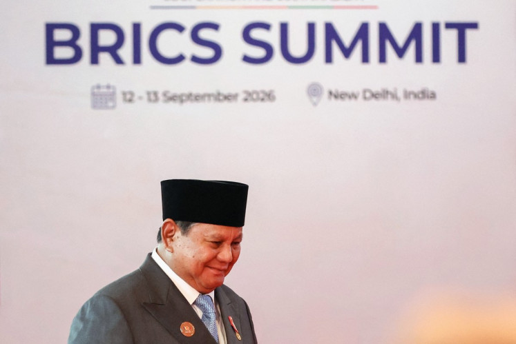 In this photo distributed by the Russian state agency Sputnik, President Prabowo Subianto arrives on Saturday before the start of the 18th BRICS Summit in New Delhi. (Photo by Alexander KAZAKOV / POOL / AFP)