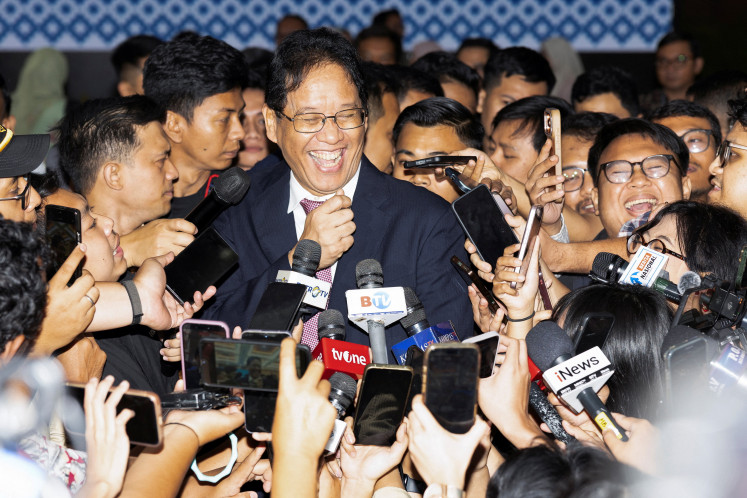Outgoing Finance Minister Purbaya Yudhi Sadewa reacts as he talks to journalists after a handover ceremony at the Finance Ministry in Jakarta,&nbsp;September 15, 2026. 