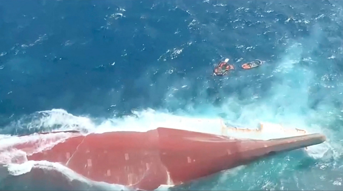 An aerial view of the Virgo Transport 8 passenger ship that capsized in Indonesia's Java sea, September 13, 2026, in this still image taken from video.   