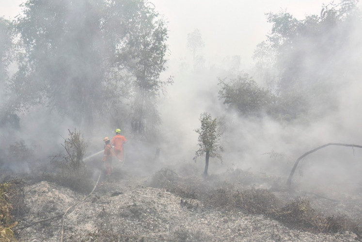 Firefighters extinguish forest and peatland fires on Monday in Banjar regency, South Kalimantan. Toxic haze has shrouded parts of Indonesia, Malaysia and Singapore for weeks as authorities struggles to contain fires that have scorched large tracts of Kalimantan and Sumatra, with the smoke drifting across the region.