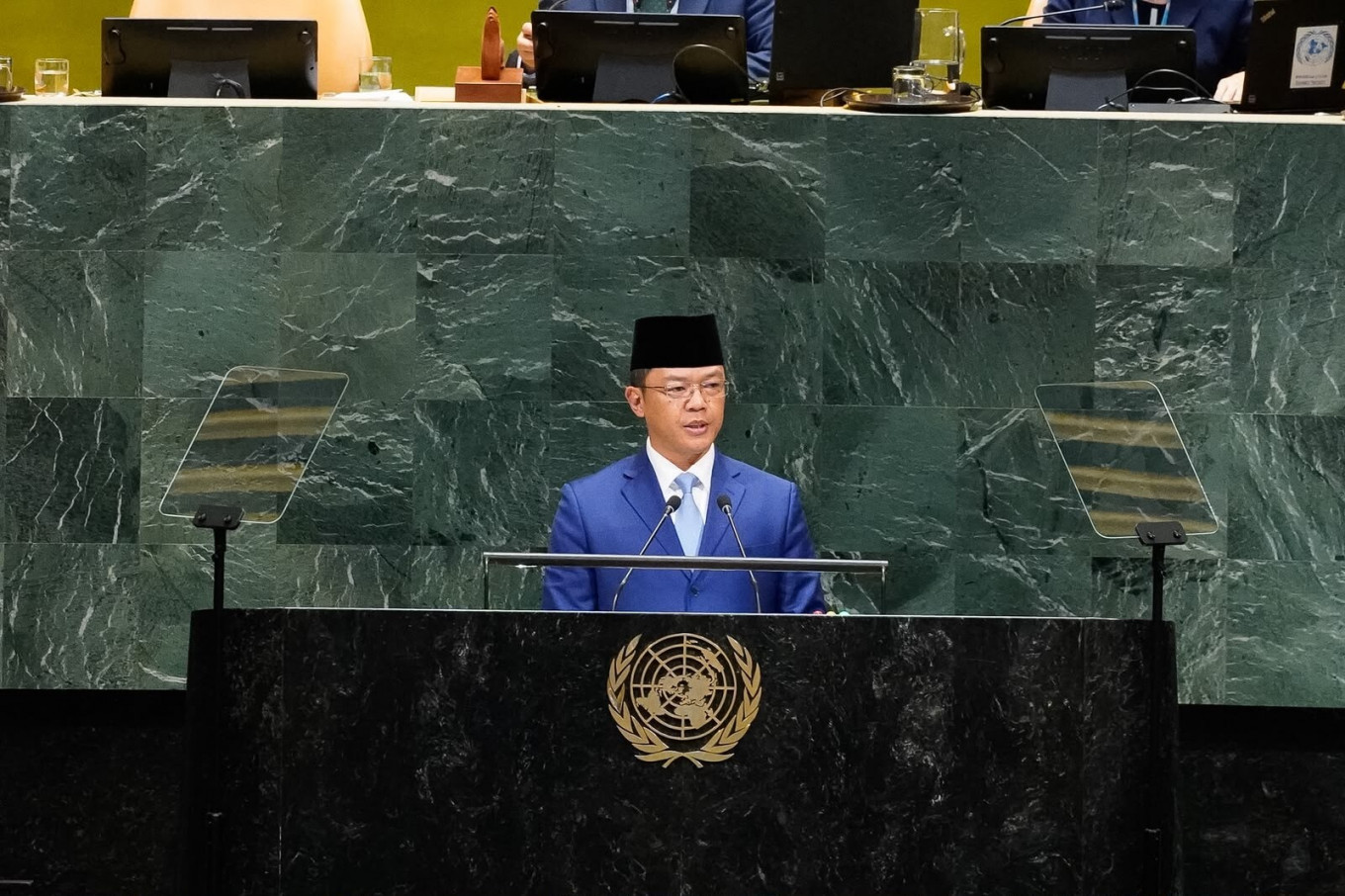 Foreign Minister Sugiono delivers his speech on Sept. 26 at the United Nations General Assembly high-level debate in New York City, the United States.