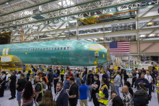 A Boeing 737 MAX 10 fuselage is pictured during the opening ceremony for the company's new North Line assembly line, which will produce 737 MAX aircraft, at the Boeing Everett Factory in Everett, Washington, United States, on July 10, 2026.