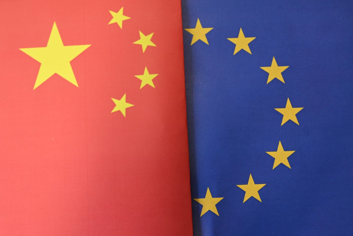 This illustration photograph shows the flags of the European Union and China put together taken in Brussels, Belgium on June 3, 2026.