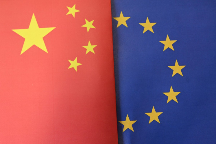 This illustration photograph shows the flags of the European Union and China put together taken in Brussels, Belgium on June 3, 2026.