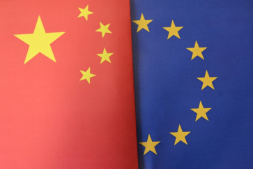 This illustration photograph shows the flags of the European Union and China put together taken in Brussels, Belgium on June 3, 2026.