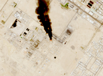 Smoke rises from the site of the Saudi Aramco refinery after reported Houthi attacks, south of Riyadh, Saudi Arabia, in this handout satellite image taken on October 3, 2026.