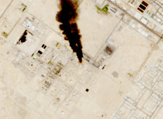 Smoke rises from the site of the Saudi Aramco refinery after reported Houthi attacks, south of Riyadh, Saudi Arabia, in this handout satellite image taken on October 3, 2026.