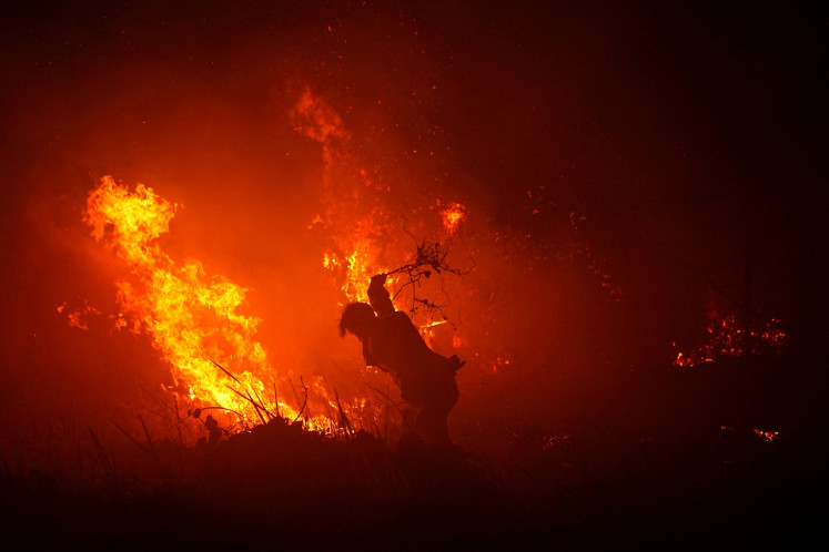 A firefighter uses a tree branch to douse flames on Sept. 8 amid a wildfire in Palembang, South Sumatra.
