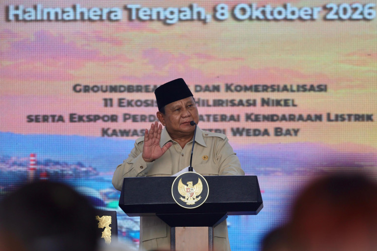 President Prabowo Subianto speaks at a ceremony for 11 new downstream nickel processing facilities the first shipment of electric vehicle batteries on Oct. 8, 2026, at Indonesia Weda Bay Industrial Park (IWIP) in Central Halmahera, North Maluku.