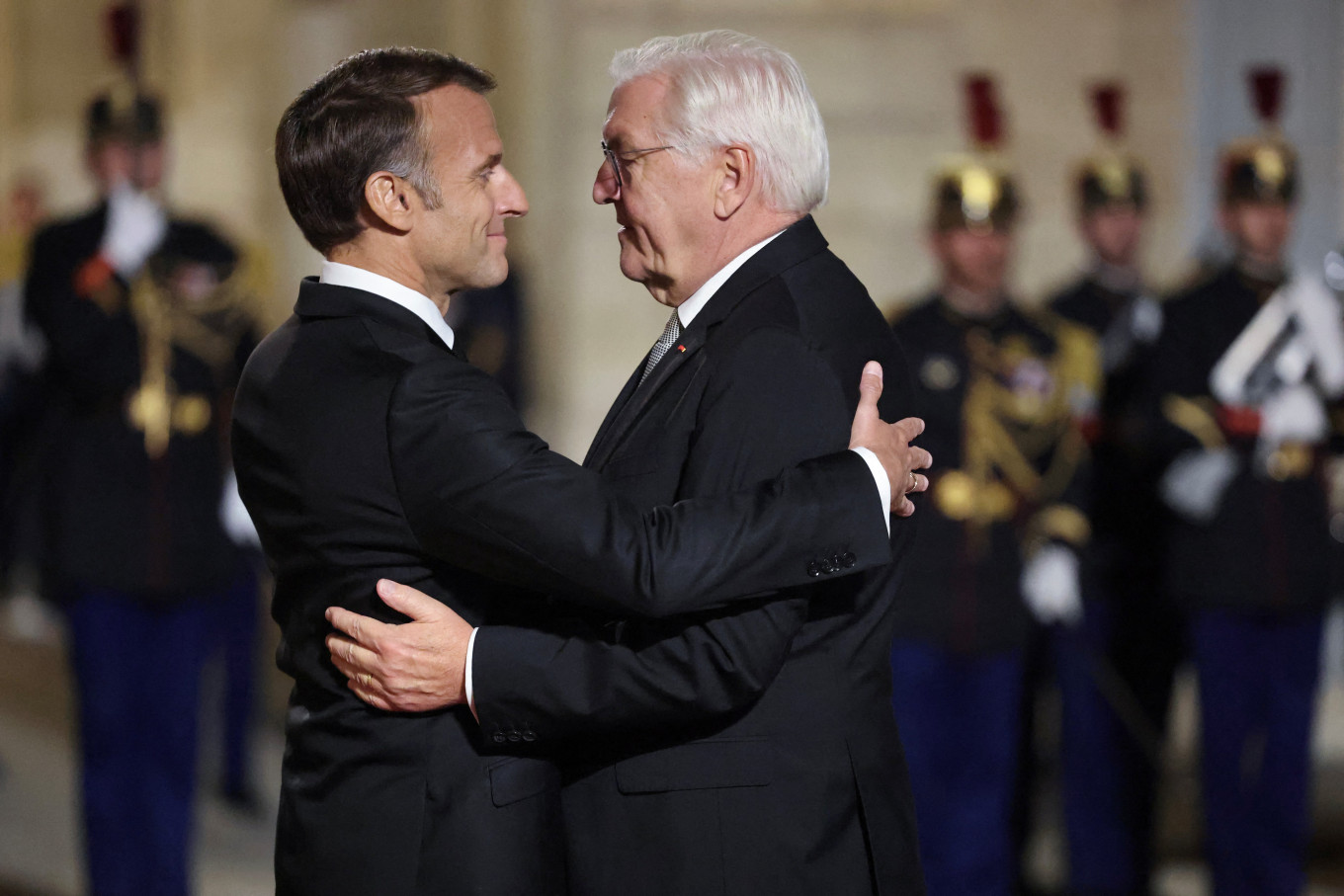 French President Emmanuel Macron greets German President Frank-Walter Steinmeier upon the Steinmeier's arrival ahead of a state dinner at The Elysee Presidential Palace in Paris on Oct. 8, 2026.
The dinner was held during Steinmeier's state visit to France.