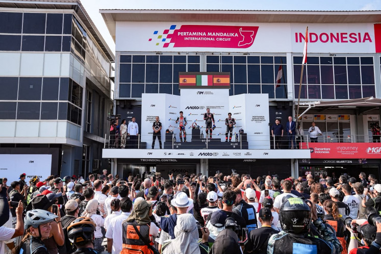 Competitors celebrate on the podium on Sunday after the 2026 Indonesian MotoGP Grand Prix at the Mandalika International Circuit in West Nusa Tenggara (NTB). 