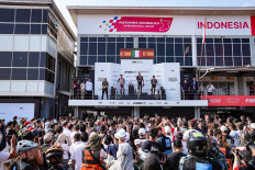 Competitors celebrate on the podium on Sunday after the 2026 Indonesian MotoGP Grand Prix at the Mandalika International Circuit in West Nusa Tenggara (NTB). 