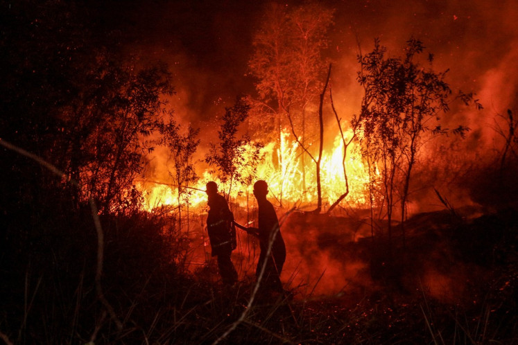 Firefighters work on containing a wildfire on Oct. 13 in Banjarbaru, South Kalimantan. Toxic haze has shrouded parts of Indonesia, Malaysia and Singapore for weeks as Jakarta struggles to contain fires that have scorched large tracts across Borneo and Sumatra, with the smoke drifting across the region.