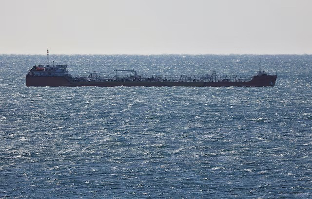 An oil tanker sails Nakhodka Bay on Dec. 4, 2022, near the Russian port city of Nakhodka.