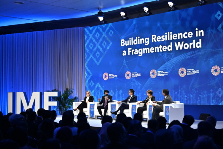 (left to right) Finland&rsquo;s Finance Minister and Deputy Prime Minister Riikka Purra, World Bank president Ajay Banga, Thailand&rsquo;s Finance Minister and Deputy Prime Minister Ekniti Nitithanprapas, International Monetary Fund (IMF) managing director Kristalina Georgieva and BBC economics editor Faisal Islam sit during the "Building Resilience in a Fragmented World" panel at the Annual IMF and World Bank Meetings at the Queen Sirikit National Convention Center in Bangkok on Oct. 13, 2026.