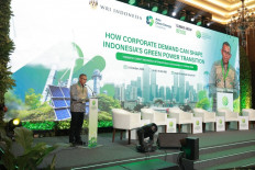 Arief Wijaya, managing director of the World Resources Institute (WRI) Indonesia, speaks during the launch of its working paper &ldquo;Corporate green power procurement options in Indonesia&rdquo; on Oct. 6 at the Indonesia International Sustainability Forum 2026 in Jakarta.