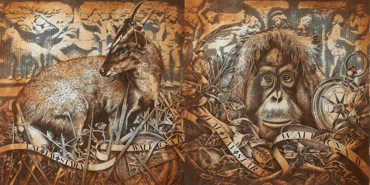 Wildlife in focus: A combination of two photographs of artworks by Indonesian artist Eddy Susanto, featured in his first solo exhibition, Lalitavistara Wallacea, at ArtSociates Jakarta in Central Jakarta through Oct. 25. The works depict endemic fauna, including (from left) the Javan muntjac (Muntiacus muntjak) and orangutan (Pongo pygmaeus).