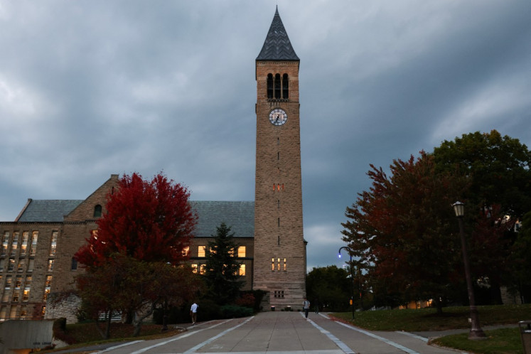 A general view of McGraw Tower on Cornell University's campus on October 13, 2026 in Ithaca, New York. Officials at Cornell University announced they would ban fraternity parties for the remainder of the academic year as the university continues to face scrutiny over their handling of 2024 rape allegations.  