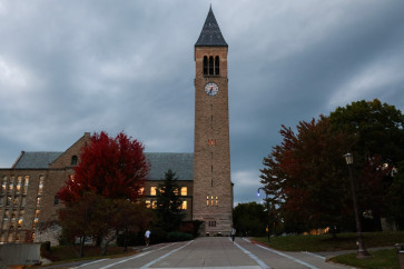 A general view of McGraw Tower on Cornell University's campus on October 13, 2026 in Ithaca, New York. Officials at Cornell University announced they would ban fraternity parties for the remainder of the academic year as the university continues to face scrutiny over their handling of 2024 rape allegations.  