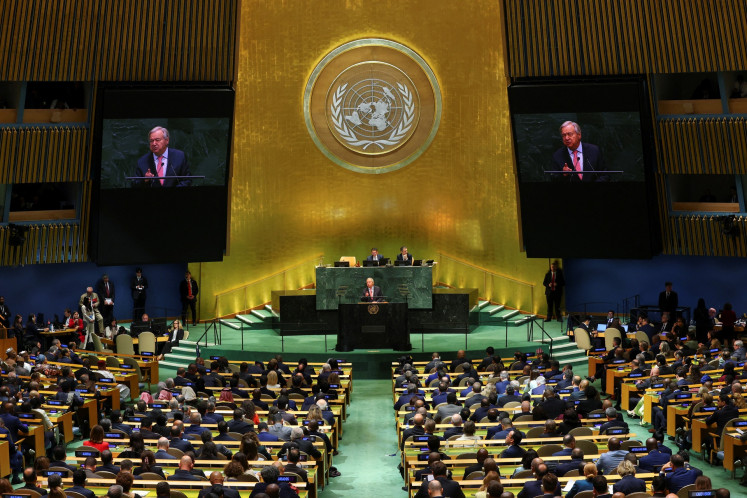United Nations Secretary-General Antonio Guterres is projected onto large screens on Sept. 22, 2026, as he addresses the 81st UN General Assembly at the international organization&rsquo;s headquarters in New York, the United States.