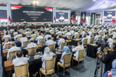 President Prabowo Subianto delivers a speech on Oct. 21 at a cabinet meeting at the Presidential Palace complex in Central Jakarta, to mark the second anniversary of his administration.