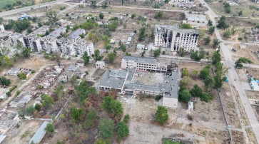 A still image taken from an undated drone video released Sept. 12, 2026, shows a destroyed buildings in Oleshky, Kherson Region, Russian-controlled Ukraine. 