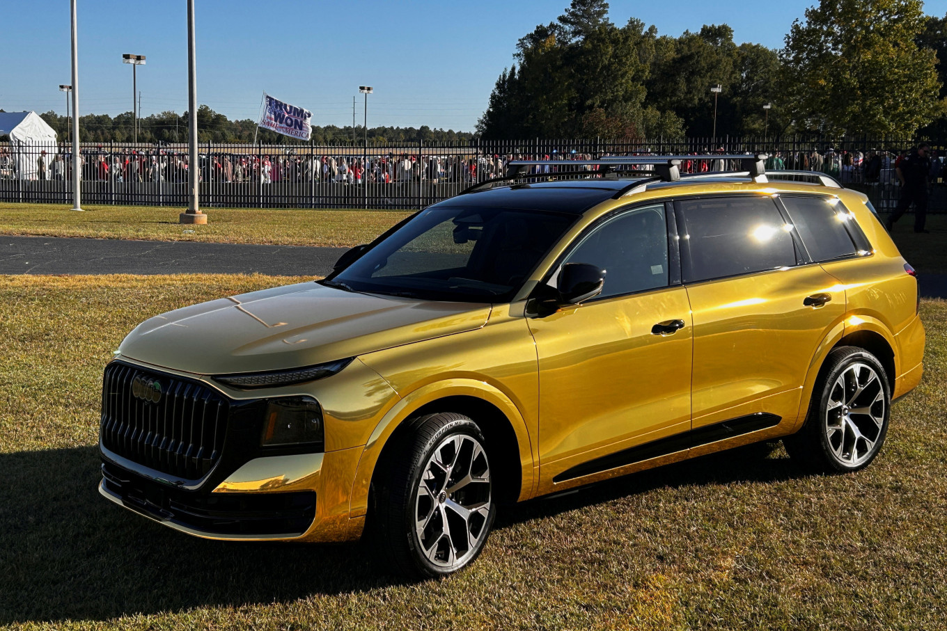 An&nbsp;Audi&nbsp;Q9 SUV is displayed outside the venue of US President Donald Trump's political rally before his arrival in Perry, Georgia, United States, on Oct. 24, 2026.