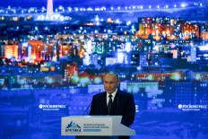 Russian President Vladimir Putin gives a speech at the International Arctic Forum in Murmansk, Russia, on March 27, 2025.