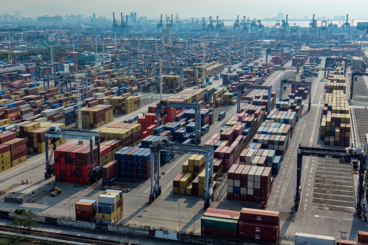 Stacks of shipping containers at Tanjung Priok Port, Jakarta, on March 31, 2026.