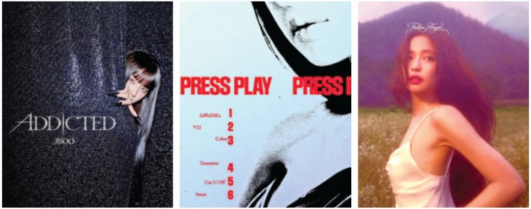 A combination of images featuring solo projects by three Blackpink members
this year, namely Jisoo&rsquo;s upcoming single &ldquo;Addicted&rdquo; (left), Lisa&rsquo;s EP Press Play (center) and
Jennie&rsquo;s EP Fallen Angel.