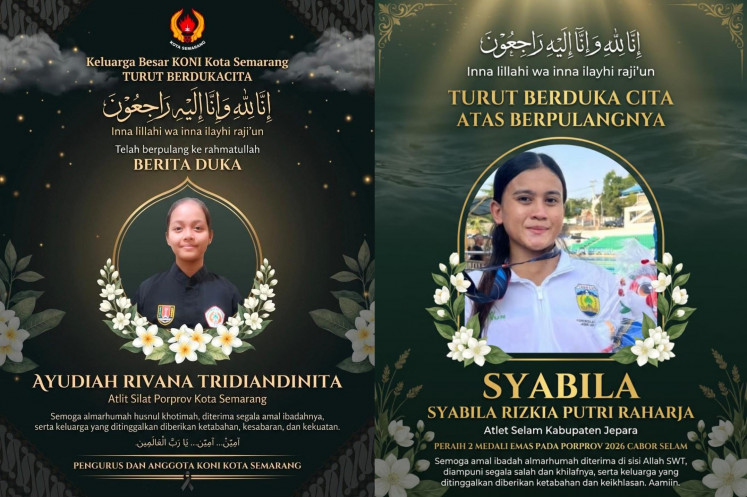 Memorial portraits of pencak silat athlete Ayudiah Rivana Tridiandinita (left) and finswimmer Syabilla Rizkia Putri Raharja (right), who died in separate incidents during the 17th Central Java Provincial Games (Porprov Jateng XVII) in October 2026.


